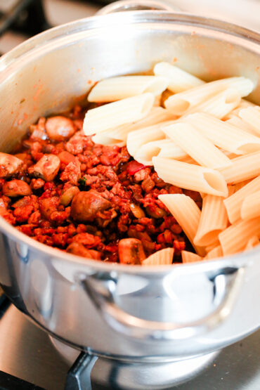 Vegan Ground Beef, Mushroom, Olive Pasta