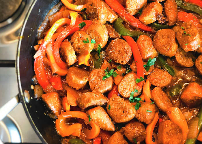 Vegan Sausage, Peppers and Onion Skillet