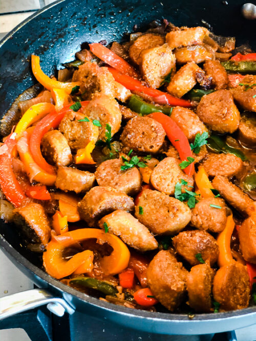 Easy Italian Sausage, Peppers + Onion Skillet (Vegan)